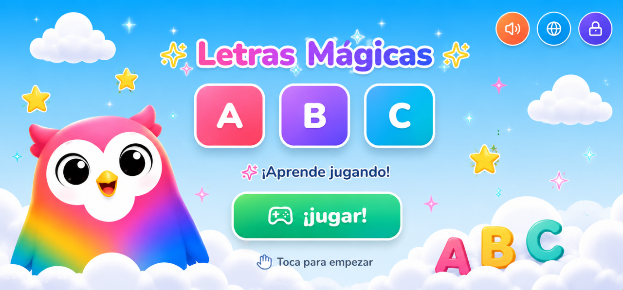 Pantalla principal de Letras Mágicas donde el niño selecciona la actividad de aprendizaje