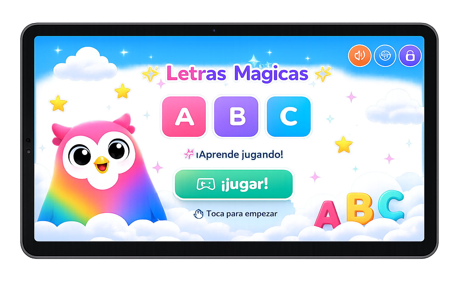 Letras Mágicas funcionando en tablet Android mostrando el juego de letras en pantalla grande