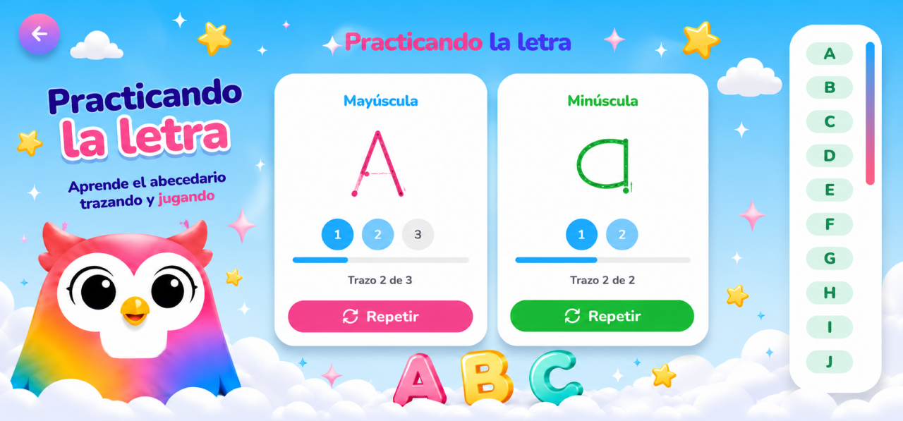 Pantalla de práctica de trazos mostrando cómo se escribe la letra A con animación paso a paso